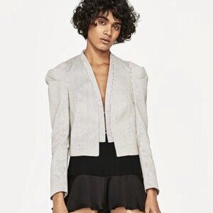 Zara Basic Collection Sm White Pin Striped Cropped Jacket Fitted Puff Shoulder